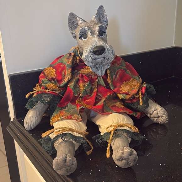 Other - Adorable Porcelain & Stuffed Schnauzer Doll Animal Fall Christmas Collectible